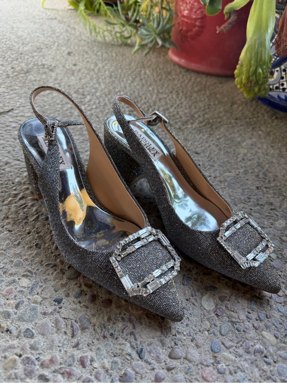 Badgley Mischka Silver Glitter Slingback Mules with Crystal Buckle